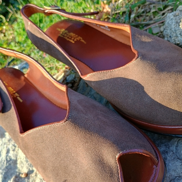 VTG, Sz 11 , Re-Mix Vintage Shoes, Los Angeles, brown suede peep toe sling backs - Picture 8 of 11
